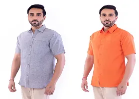 DESHBANDHU DBK Men's Cotton Solid Regular Fit Half Sleeve Combo Shirts (Pack of 2) (44, Grey_Orange)-thumb1