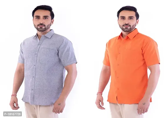 DESHBANDHU DBK Men's Cotton Solid Regular Fit Half Sleeve Combo Shirts (Pack of 2) (44, Grey_Orange)-thumb2