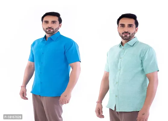 DESHBANDHU DBK Men's Plain Solid Cotton Half Sleeves Regular Fit Formal Shirt's (Pack of 2) (40, FIROZI - Green)-thumb3