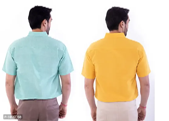 DESHBANDHU DBK Men's Plain Solid Cotton Half Sleeves Regular Fit Formal Shirt's Combo (42, Green - Mustard)-thumb2
