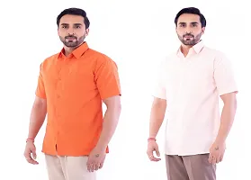 DESHBANDHU DBK Men's Plain Solid Cotton Regular Fit Half Sleeves Formal Shirt's Combo (Pack of 2) (42, Orange-Peach)-thumb1