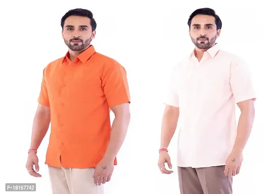 DESHBANDHU DBK Men's Plain Solid Cotton Regular Fit Half Sleeves Formal Shirt's Combo (Pack of 2) (42, Orange-Peach)-thumb2