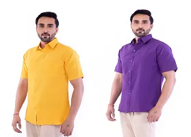 DESHBANDHU DBK Men's Plain Solid Cotton Half Sleeves Regular Fit Formal Shirt's Combo (Pack of 2) (40, Mustard_Purple)-thumb1