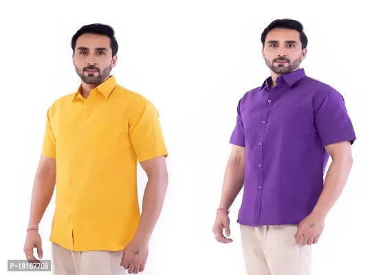 DESHBANDHU DBK Men's Plain Solid Cotton Half Sleeves Regular Fit Formal Shirt's Combo (Pack of 2) (40, Mustard_Purple)-thumb2