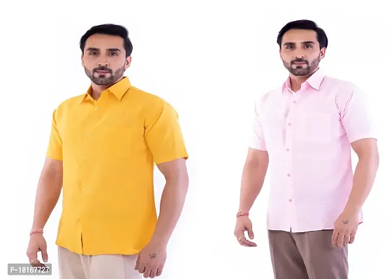 DESHBANDHU DBK Men's Plain Solid Cotton Half Sleeves Regular Fit Formal Shirt's Combo (Pack of 2) (40, Mustard_Pink)-thumb2