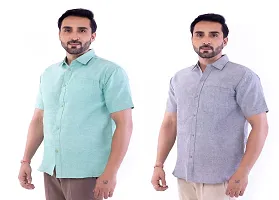 DESHBANDHU DBK Men's Plain Solid Cotton Half Sleeves Regular Fit Formal Shirt's Combo (42, Green - Grey)-thumb2