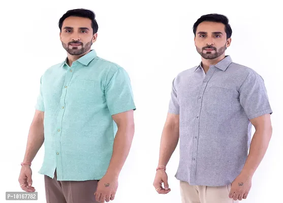 DESHBANDHU DBK Men's Plain Solid Cotton Half Sleeves Regular Fit Formal Shirt's Combo (42, Green - Grey)-thumb3