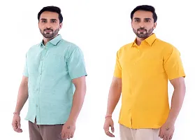 DESHBANDHU DBK Men's Plain Solid Cotton Half Sleeves Regular Fit Formal Shirt's Combo (42, Green - Mustard)-thumb2