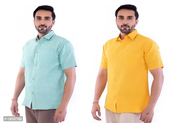 DESHBANDHU DBK Men's Plain Solid Cotton Half Sleeves Regular Fit Formal Shirt's Combo (42, Green - Mustard)-thumb3