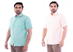 DESHBANDHU DBK Men's Plain Solid Cotton Half Sleeves Regular Fit Formal Shirt's Combo (44, Green - Peach)-thumb2