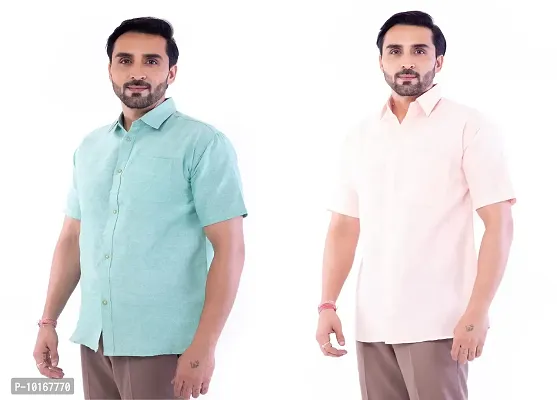 DESHBANDHU DBK Men's Plain Solid Cotton Half Sleeves Regular Fit Formal Shirt's Combo (44, Green - Peach)-thumb3