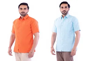 DESHBANDHU DBK Men's Plain Solid Cotton Regular Fit Half Sleeves Formal Shirt's Combo (Pack of 2) (40, Orange-Sky)-thumb1