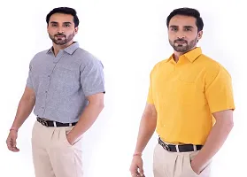 DESHBANDHU DBK Men's Cotton Solid Regular Fit Half Sleeve Combo Shirts (Pack of 2) (40, Grey_Mustard)-thumb3