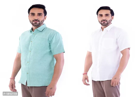 DESHBANDHU DBK Men's Plain Solid Cotton Half Sleeves Regular Fit Formal Shirt's Combo (40, Green - White)-thumb3