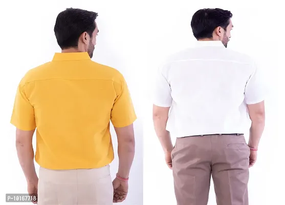 DESHBANDHU DBK Men's Plain Solid Cotton Half Sleeves Regular Fit Formal Shirt's Combo (Pack of 2) (40, Mustard_White)-thumb4