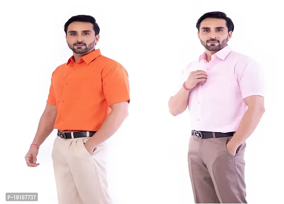 DESHBANDHU DBK Men's Plain Solid Cotton Regular Fit Half Sleeves Formal Shirt's Combo (Pack of 2) (40, Orange-Pink)-thumb3