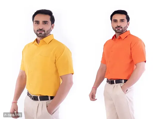 DESHBANDHU DBK Men's Plain Solid Cotton Half Sleeves Regular Fit Formal Shirt's Combo (Pack of 2) (42, Mustard_Orange)-thumb3