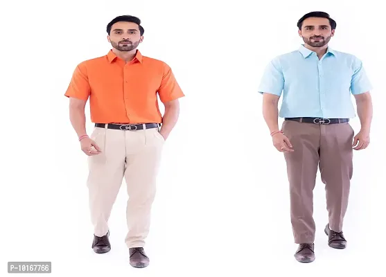 DESHBANDHU DBK Men's Plain Solid Cotton Regular Fit Half Sleeves Formal Shirt's Combo (Pack of 2) (40, Orange-Sky)-thumb0