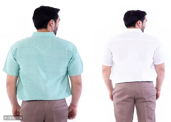 DESHBANDHU DBK Men's Plain Solid Cotton Half Sleeves Regular Fit Formal Shirt's Combo (40, Green - White)-thumb2