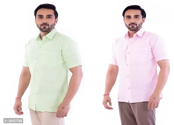 DESHBANDHU DBK Men's Plain Solid Cotton Half Sleeves Regular Fit Formal Shirt's Combo (40, Parrot_Pink)-thumb2