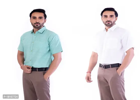 DESHBANDHU DBK Men's Plain Solid Cotton Half Sleeves Regular Fit Formal Shirt's Combo (40, Green - White)-thumb4