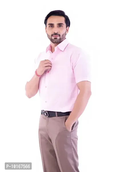 DESHBANDHU DBK Men's Plain Solid 100% Cotton Half Sleeves Regular Fit Formal Shirt's (42, Pink)-thumb0