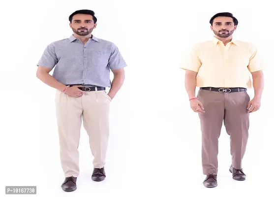 DESHBANDHU DBK Men's Cotton Solid Regular Fit Half Sleeve Combo Shirts (Pack of 2) (44, Grey_Sand)-thumb0