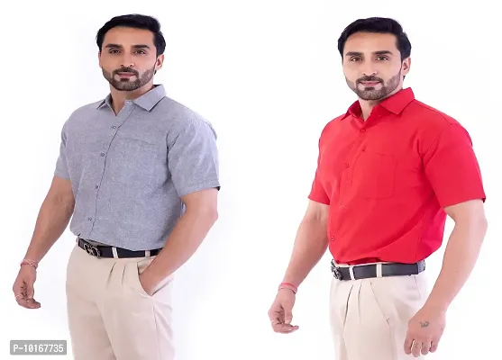 DESHBANDHU DBK Men's Cotton Solid Regular Fit Half Sleeve Combo Shirts (Pack of 2) (42, Grey_RED)-thumb0