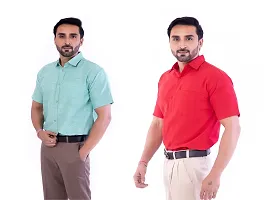 DESHBANDHU DBK Men's Plain Solid Cotton Half Sleeves Regular Fit Formal Shirt's Combo (40, Green - RED)-thumb3