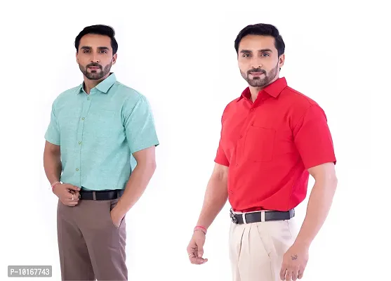 DESHBANDHU DBK Men's Plain Solid Cotton Half Sleeves Regular Fit Formal Shirt's Combo (40, Green - RED)-thumb4