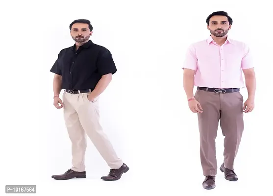 DESHBANDHU DBK Men's Plain Solid 100% Cotton Half Sleeves Regular Fit Formal Shirt's Combo (Pack of 2) (40, Black - Pink)-thumb0
