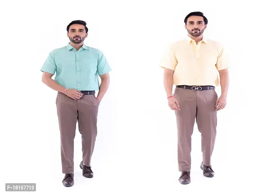 DESHBANDHU DBK Men's Plain Solid Cotton Half Sleeves Regular Fit Formal Shirt's Combo (40, Green - Sand)-thumb0