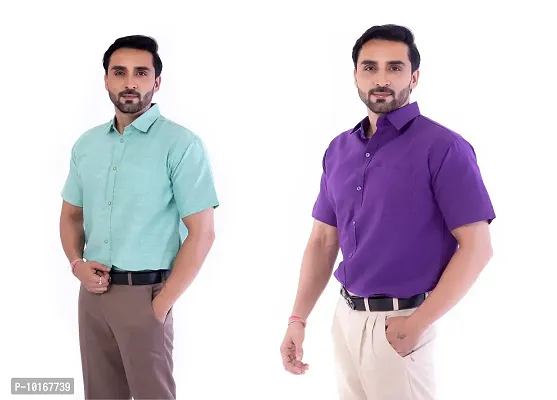 DESHBANDHU DBK Men's Plain Solid Cotton Half Sleeves Regular Fit Formal Shirt's Combo (44, Green - Purple)-thumb4