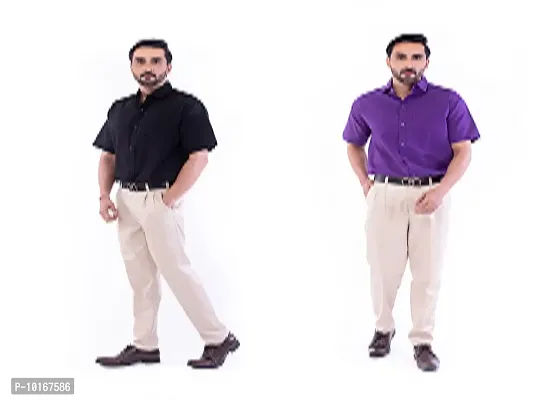 DESHBANDHU DBK Men's Plain Solid 100% Cotton Half Sleeves Regular Fit Formal Shirt's Combo (Pack of 2) (40, Black - Purple)-thumb0