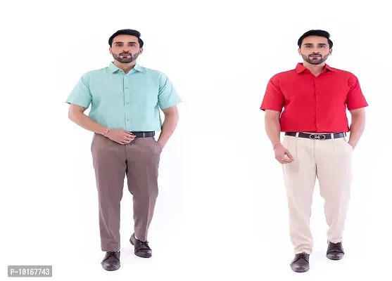 DESHBANDHU DBK Men's Plain Solid Cotton Half Sleeves Regular Fit Formal Shirt's Combo (40, Green - RED)