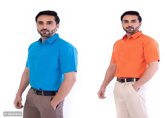 DESHBANDHU DBK Men's Plain Solid Cotton Half Sleeves Regular Fit Formal Shirt's (Pack of 2) (42, FIROZI - Orange)-thumb4