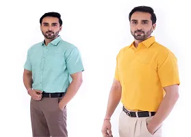 DESHBANDHU DBK Men's Plain Solid Cotton Half Sleeves Regular Fit Formal Shirt's Combo (42, Green - Mustard)-thumb3