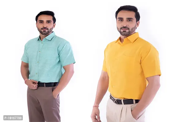 DESHBANDHU DBK Men's Plain Solid Cotton Half Sleeves Regular Fit Formal Shirt's Combo (42, Green - Mustard)-thumb4