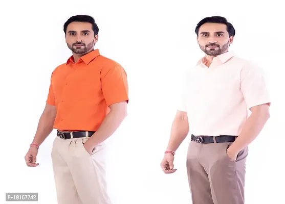 DESHBANDHU DBK Men's Plain Solid Cotton Regular Fit Half Sleeves Formal Shirt's Combo (Pack of 2) (42, Orange-Peach)-thumb3