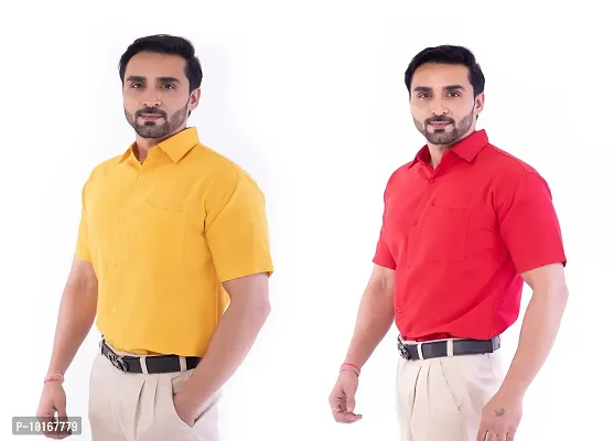 DESHBANDHU DBK Men's Plain Solid Cotton Half Sleeves Regular Fit Formal Shirt's Combo (Pack of 2) (44, Mustard_RED)-thumb3