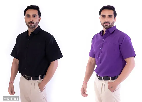 DESHBANDHU DBK Men's Plain Solid 100% Cotton Half Sleeves Regular Fit Formal Shirt's Combo (Pack of 2) (40, Black - Purple)-thumb4