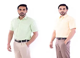 DESHBANDHU DBK Men's Plain Solid Cotton Half Sleeves Regular Fit Formal Shirt's Combo (42, Parrot_Sand)-thumb1