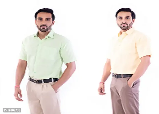 DESHBANDHU DBK Men's Plain Solid Cotton Half Sleeves Regular Fit Formal Shirt's Combo (42, Parrot_Sand)-thumb2