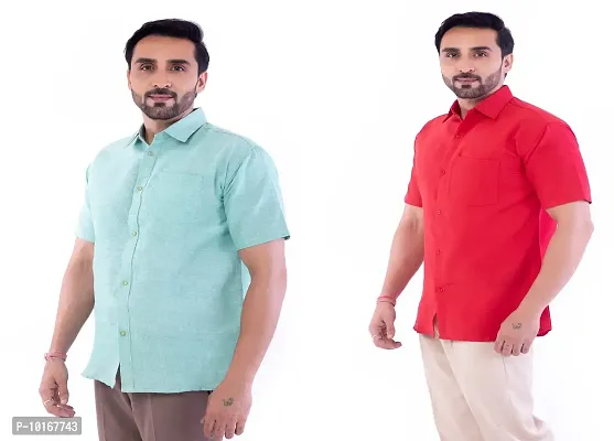 DESHBANDHU DBK Men's Plain Solid Cotton Half Sleeves Regular Fit Formal Shirt's Combo (40, Green - RED)-thumb3