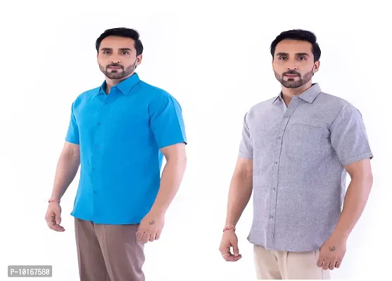 DESHBANDHU DBK Men's Plain Solid Cotton Half Sleeves Regular Fit Formal Shirt's (Pack of 2) (40, FIROZI - Grey)-thumb3