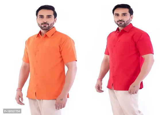 DESHBANDHU DBK Men's Plain Solid Cotton Regular Fit Half Sleeves Formal Shirt's Combo (Pack of 2) (42, Orange-RED)-thumb2