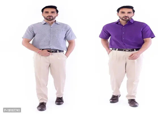 DESHBANDHU DBK Men's Cotton Solid Regular Fit Half Sleeve Combo Shirts (Pack of 2) (42, Grey_Purple)