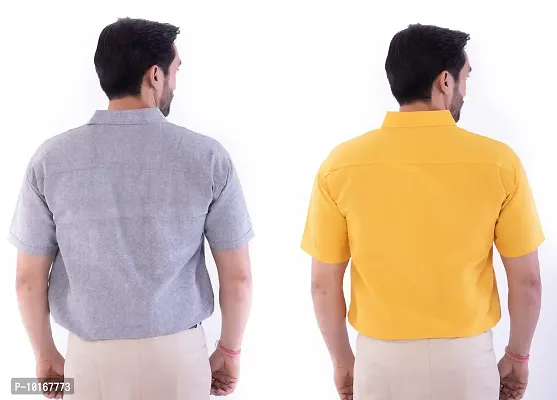 DESHBANDHU DBK Men's Cotton Solid Regular Fit Half Sleeve Combo Shirts (Pack of 2) (40, Grey_Mustard)-thumb0