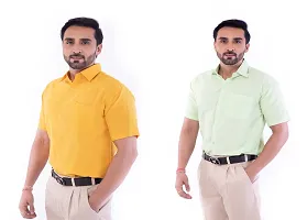 DESHBANDHU DBK Men's Plain Solid Cotton Half Sleeves Regular Fit Formal Shirt's Combo (Pack of 2) (42, Mustard_Parrot)-thumb2