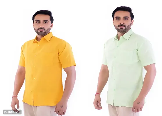DESHBANDHU DBK Men's Plain Solid Cotton Half Sleeves Regular Fit Formal Shirt's Combo (Pack of 2) (42, Mustard_Parrot)-thumb2